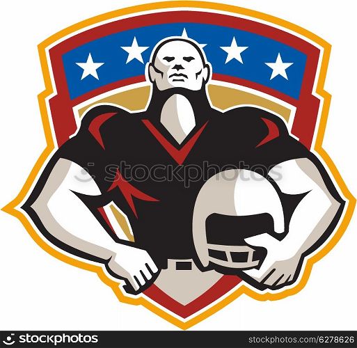 Illustration of an american football gridiron tackle linebacker player hand on hip holding helmet facing front set inside crest shield with stars done in retro style.. American Football Tackle Linebacker Helmet Shield