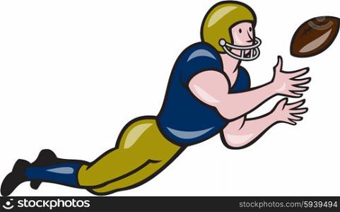 Illustration of an american football gridiron wide receiver player catching ball viewed from side set on isolated white background done in cartoon style.. American Football Receiver Catching Ball Cartoon