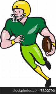 Illustration of an american football gridiron wide receiver player running with ball looking to the side viewed from front set on isolated white background done in cartoon style.. American Football Receiver Running Isolated Cartoon