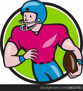 Illustration of an american football gridiron wide receiver player running with ball looking to the side viewed from font set inside circle on isolated background done in cartoon style.. American Football Receiver Running Circle Cartoon