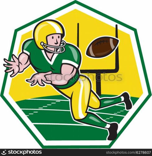 Illustration of an american football gridiron wide receiver running back player catching ball facing side set inside hexagon with goal post on isolated background done in cartoon style.. American Football Wide Receiver Catching Ball Cartoon