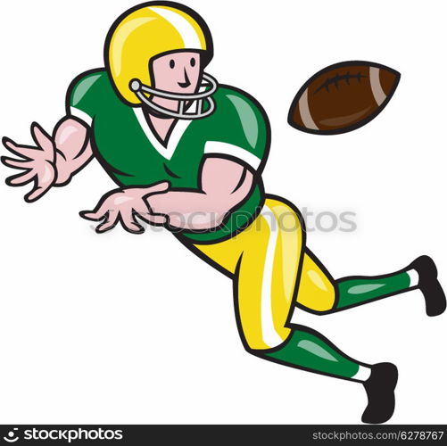 Illustration of an american football gridiron wide receiver running back player catching ball facing side set on isolated background done in cartoon style.. American Football Wide Receiver Catch Ball Cartoon