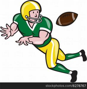 Illustration of an american football gridiron wide receiver running back player catching ball facing side set on isolated background done in cartoon style.. American Football Wide Receiver Catch Ball Cartoon