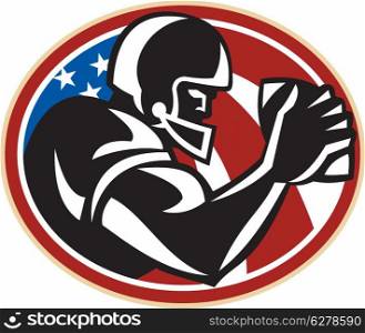 Illustration of an american football gridiron wide receiver running back player running with ball facing side set inside oval with stars and stripes flag done in retro style set inside ball .. American Football Wide Receiver Ball