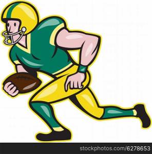 Illustration of an american football gridiron wide receiver running back player running with ball facing side set in isolated background done in cartoon style.. American Football Wide Receiver Running Ball