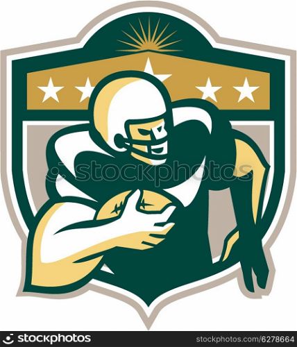 Illustration of an american football gridiron wide receiver running back player running with ball facing side set inside shield with stars done in retro style on isolated background.. American Gridiron Wide Receiver Running