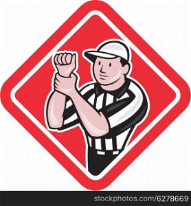 Illustration of an american football official referee with hand signal signaling illegal use of hands facing front set inside diamond shape done in cartoon style.
