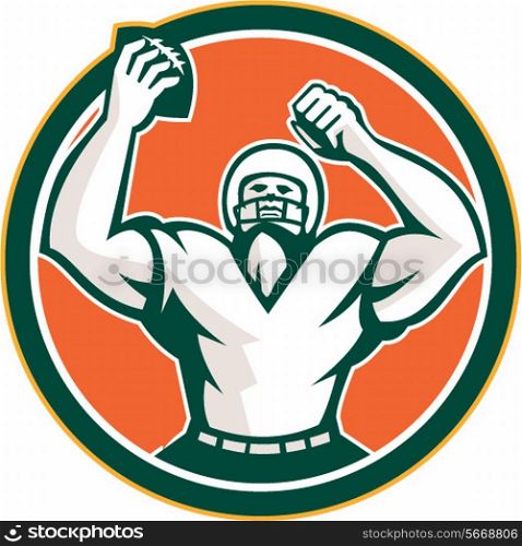 Illustration of an american football with helmet holding ball over head celebrating viewed from the front set inside circle on isolated background done in retro style. . American Football Holding Ball Celebrating Retro