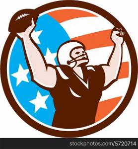 Illustration of an american football with helmet holding ball over head celebrating touchdown viewed from the front set inside circle on isolated background done in retro style. . American Football Celebrating Touchdown Retro