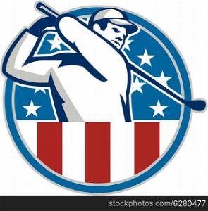 Illustration of an American golfer playing golf swinging club set inside circle with USA stars and stripes flag on isolated background.. American Golfer Playing Golf Retro