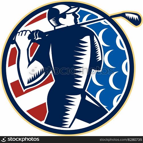 Illustration of an American golfer playing golf swinging club set inside circle with USA stars and stripes flag on isolated background.. American Golfer Tee Off Golf Retro