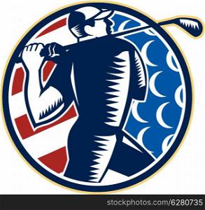 Illustration of an American golfer playing golf swinging club set inside circle with USA stars and stripes flag on isolated background.. American Golfer Tee Off Golf Retro