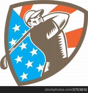 Illustration of an american golfer playing golf swinging club tee off set inside shield crest with american stars and stripes flag in the background done in retro woodcut style. . American Golfer Tee Off Golf Shield Woodcut