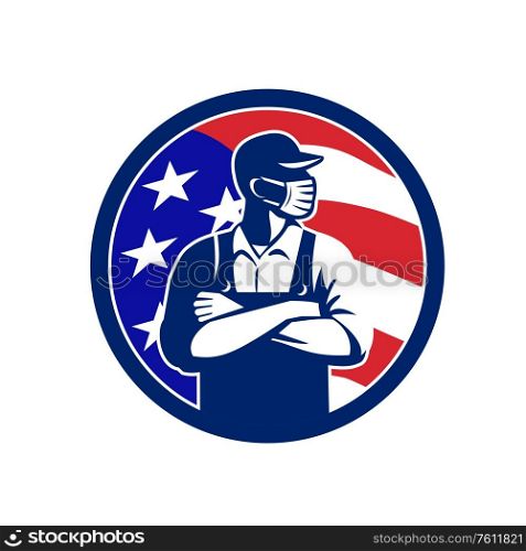 Illustration of an American grocer, supermarket or grocery worker wearing a surgical face mask, hat and overalls arms folded with USA stars and stripes flag set inside circle done in retro style. . American Supermarket Worker Wearing Mask USA Flag Circle Retro