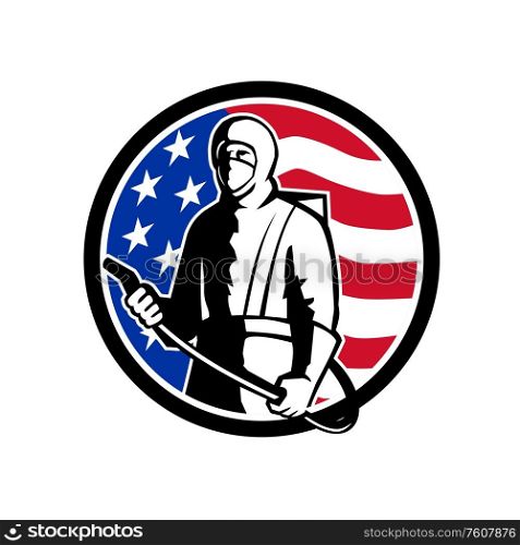 Illustration of an American industrial worker, healthcare, essential or pest exterminator wearing a respiratory protective equipment, ready to spray disinfectant standing with USA flag set in circle.. Industrial Worker Spray Disinfectant Standing USA Flag Retro