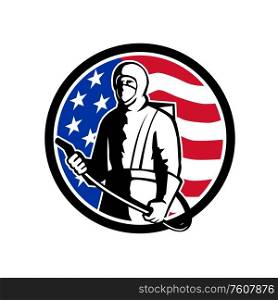 Illustration of an American industrial worker, healthcare, essential or pest exterminator wearing a respiratory protective equipment, ready to spray disinfectant standing with USA flag set in circle.. Industrial Worker Spray Disinfectant Standing USA Flag Retro