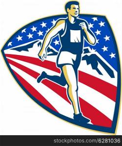 Illustration of an American marathon triathlete runner running set inside shield with mountains and stars and stripes done in retro style.. American Marathon Runner Running Retro