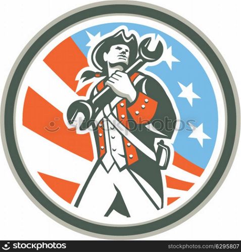 Illustration of an american mechanic patriot holding wrench spanner set inside circle with usa stars and stripes in the background done in retro style.. American Patriot Holding Wrench Circle Retro