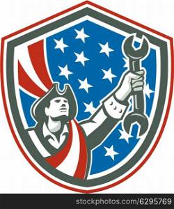 Illustration of an american mechanic patriot holding wrench spanner set inside shiekld with usa stars and stripes in the background done in retro style.