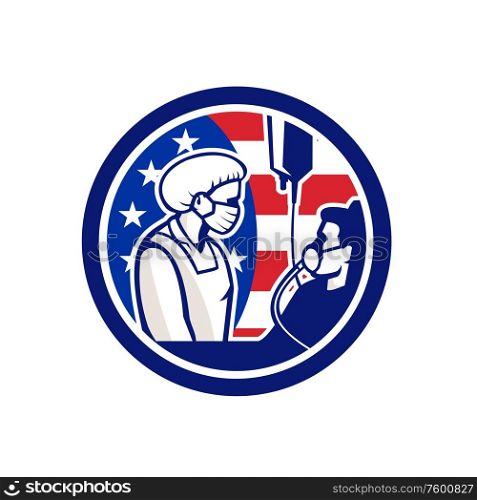 Illustration of an American medical doctor, healthcare professional or nurse wearing surgical mask tend an infectious COVID-19 coronavirus patient with USA stars and stripes flag done in retro style.. American Doctor Tending COVID-19 Patient Circle Retro