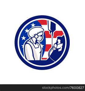 Illustration of an American medical doctor, healthcare professional or nurse wearing surgical mask tend an infectious COVID-19 coronavirus patient with USA stars and stripes flag done in retro style.. American Doctor Tending COVID-19 Patient Circle Retro