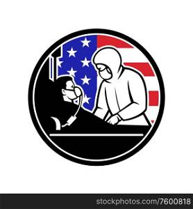 Illustration of an American medical doctor, nurse or healthcare professional wearing personal protective equipment treat an infectious COVID-19 coronavirus patient with USA flag done in retro style.. Doctor Treat COVID-19 Patient USA Flag Circle Retro