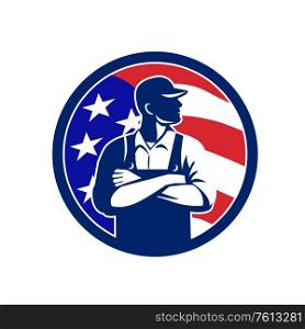 Illustration of an American organic farmer wearing hat and overalls arms folded looking to the side with USA stars and stripes flag set inside circle done in retro style. . American Organic Farmer USA Flag Circle Retro
