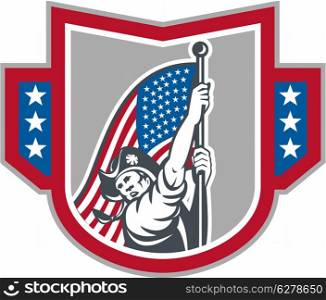 Illustration of an American Patriot brandishing holding up a stars and stripes flag set inside crest shield on isolated white background.. American Patriot Holding Up Stars Stripes Flag
