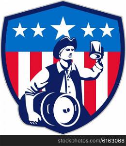 Illustration of an American Patriot holding a beer mug toasting while carrying beer keg set inside crest shield with USA stars and stripes on isolated white background done in retro style. . American Patriot Beer Keg Flag Crest Retro