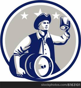 Illustration of an American Patriot holding a beer mug toasting while carrying beer keg set inside circle with stars in the background done in retro style. . American Patriot Carry Beer Keg Circle Retro