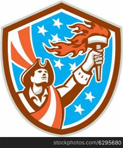 Illustration of an American Patriot holding a flaming torch looking up set inside shield crest with USA stars and stripes flag in the background done in retro style. . American Patriot Holding Torch Flag Shield Retro