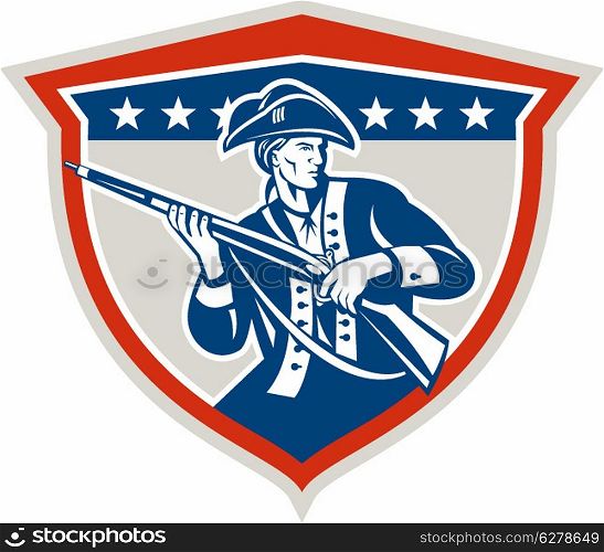 Illustration of an American Patriot holding a musket rifle facing front set inside crest shield with stars on isolated background done in retro style.. American Patriot Holding Musket Rifle Shield Retro