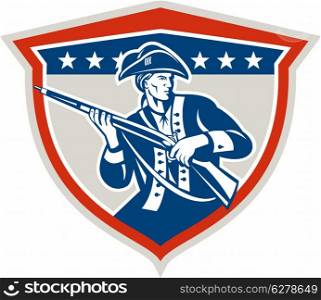 Illustration of an American Patriot holding a musket rifle facing front set inside crest shield with stars on isolated background done in retro style.. American Patriot Holding Musket Rifle Shield Retro