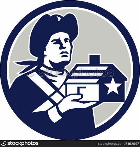 Illustration of an american patriot holding house with stripes and star design set inside circle done in retro style.. American Patriot Holding House Circle Retro