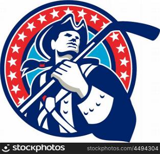Illustration of an american patriot holding ice hockey stick looking to the side viewed from front set inside circle with stars in the background done in retro style. . American Patriot Ice Hockey Stick Circle Retro