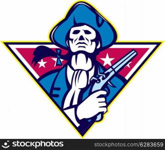 Illustration of an American Patriot Minuteman looking up with flintlock pistol set inside triangle with stars on isolated white background.. American Patriot Minuteman Flintlock Pistol