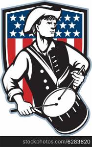 Illustration of an American patriot minuteman revolutionary soldier drummer with drums and stars and stripes flag set inside shield done in retro style.. American Patriot Drummer With Flag