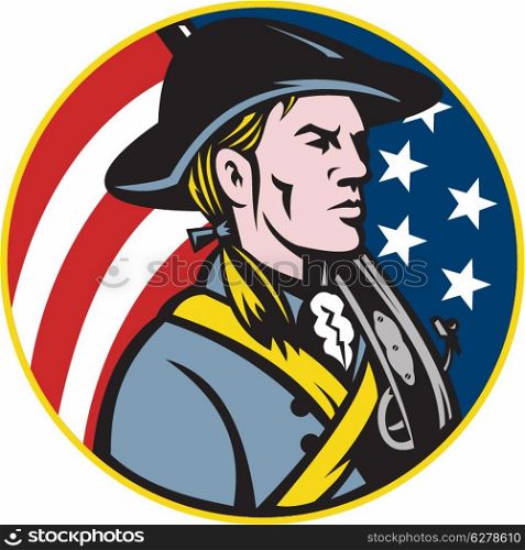 Illustration of an American patriot minuteman revolutionary soldier with musket rifle and stars and stripes flag set inside circle done in retro style.. American Patriot Minuteman With Flag