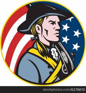 Illustration of an American patriot minuteman revolutionary soldier with musket rifle and stars and stripes flag set inside circle done in retro style.. American Patriot Minuteman With Flag