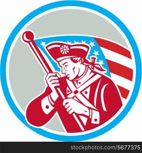 Illustration of an American Patriot revolutionary soldier waving USA stars and stripes flag looking to side set inside circle done in retro style. American Patriot Soldier Waving Flag Circle
