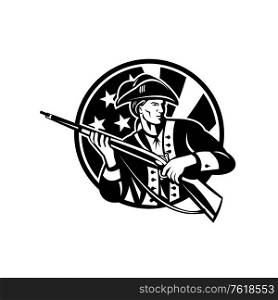 Illustration of an American patriot revolutionary soldier with rifle and USA Stars and stripes flag in background set inside a circle don ein retro black and white style.. American Revolutionary Soldier with Rifle and USA Flag Circle Retro Black and White