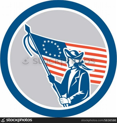 Illustration of an American patriot soldier military serviceman waving holding USA stars and stripes flag set inside circle on isolated background done in retro style.