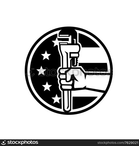 Illustration of an American plumber hand holding adjustable pipe wrench viewed from the side set inside circle with usa american stars and stripes flag in the background done in retro style. . Hand of American Plumber Holding Pipe Wrench USA Flag Circle Retro Black and White