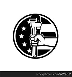 Illustration of an American plumber hand holding adjustable pipe wrench viewed from the side set inside circle with usa american stars and stripes flag in the background done in retro style. . Hand of American Plumber Holding Pipe Wrench USA Flag Circle Retro Black and White