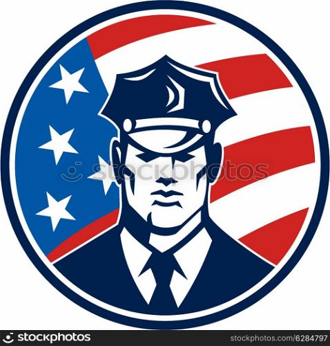 Illustration of an American policeman security guard police officer facing front set inside circle with USA stars and stars flag done in retro style.. American Policeman Security Guard Retro