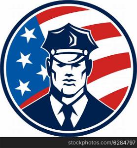 Illustration of an American policeman security guard police officer facing front set inside circle with USA stars and stars flag done in retro style.. American Policeman Security Guard Retro