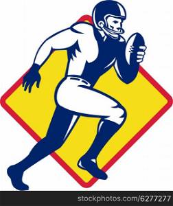 Illustration of an american quarterback football player running with ball set inside diamond shape done in retro style.&#xA;