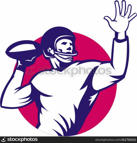 Illustration of an american quarterback football player shouting passing ball set inside circle done in retro style.&#xA;