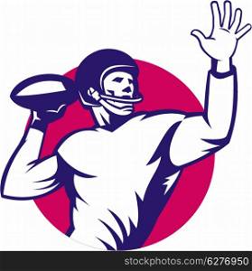 Illustration of an american quarterback football player shouting passing ball set inside circle done in retro style.&#xA;