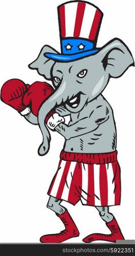 Illustration of an American Republican GOP elephant boxer mascot boxing in fighting stance pose with boxing gloves wearing USA stars and stripes flag hat and shorts set on isolated white background done in cartoon style. . Republican Mascot Elephant Boxer Boxing Cartoon